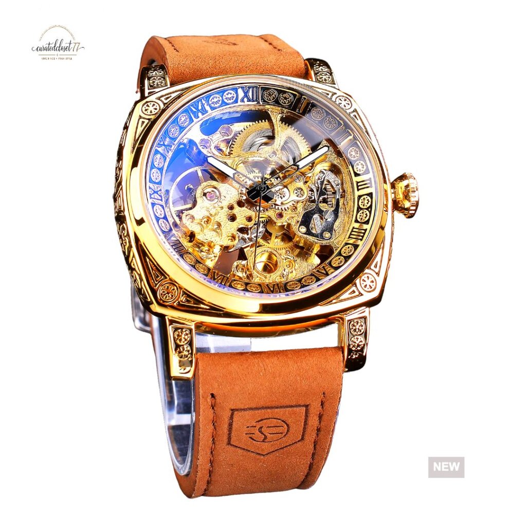 Retro Square Skeleton Automatic Watch Self-Wind M… - image 1